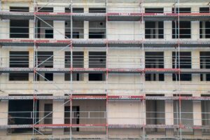 Services Scaffolding structure on a building construction site in Hamburg, Germany.